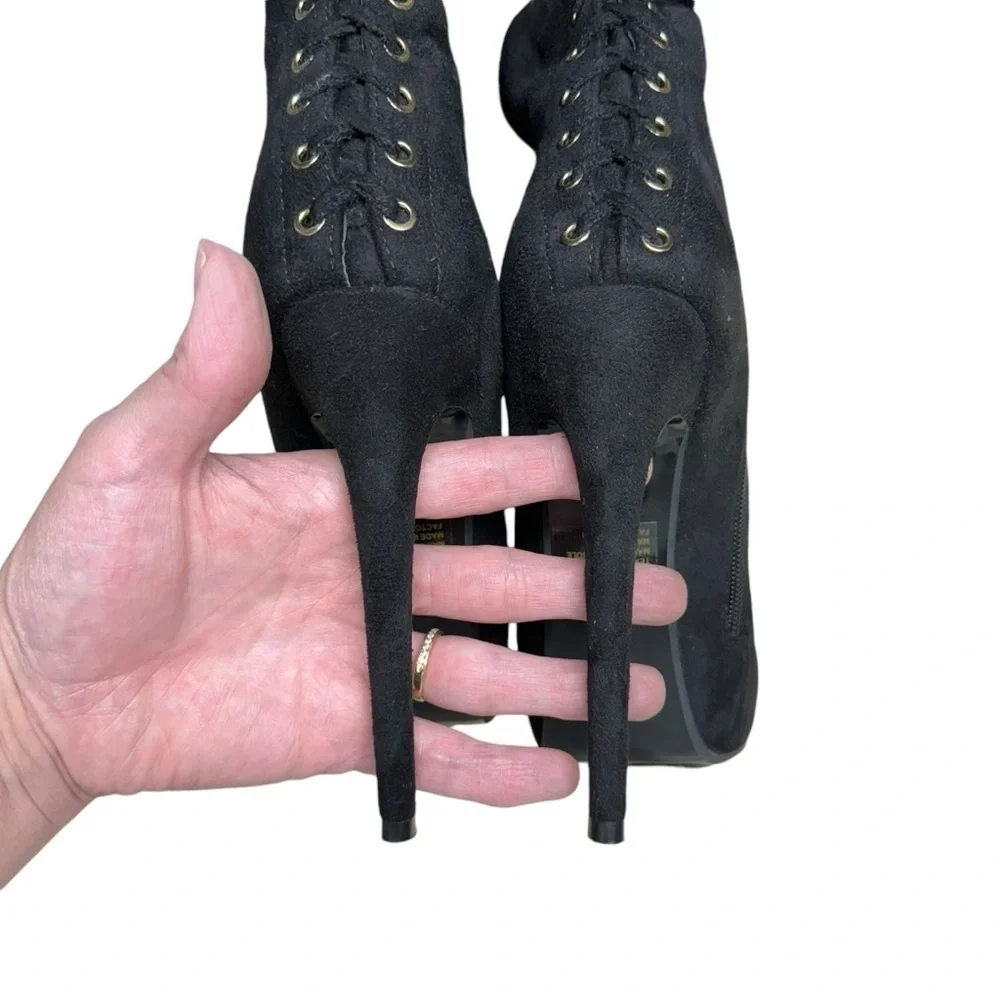 Steve Madden Ladysnte Lace Up Thigh High Boots Platform Black Faux Suede SZ 6.5